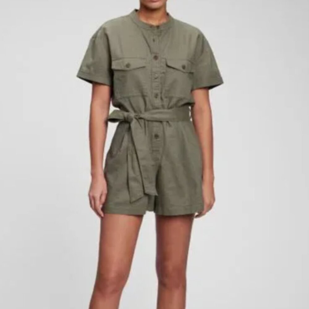 GAP Army Green Linen-Cotton Loose Fit Romper Size Petite M